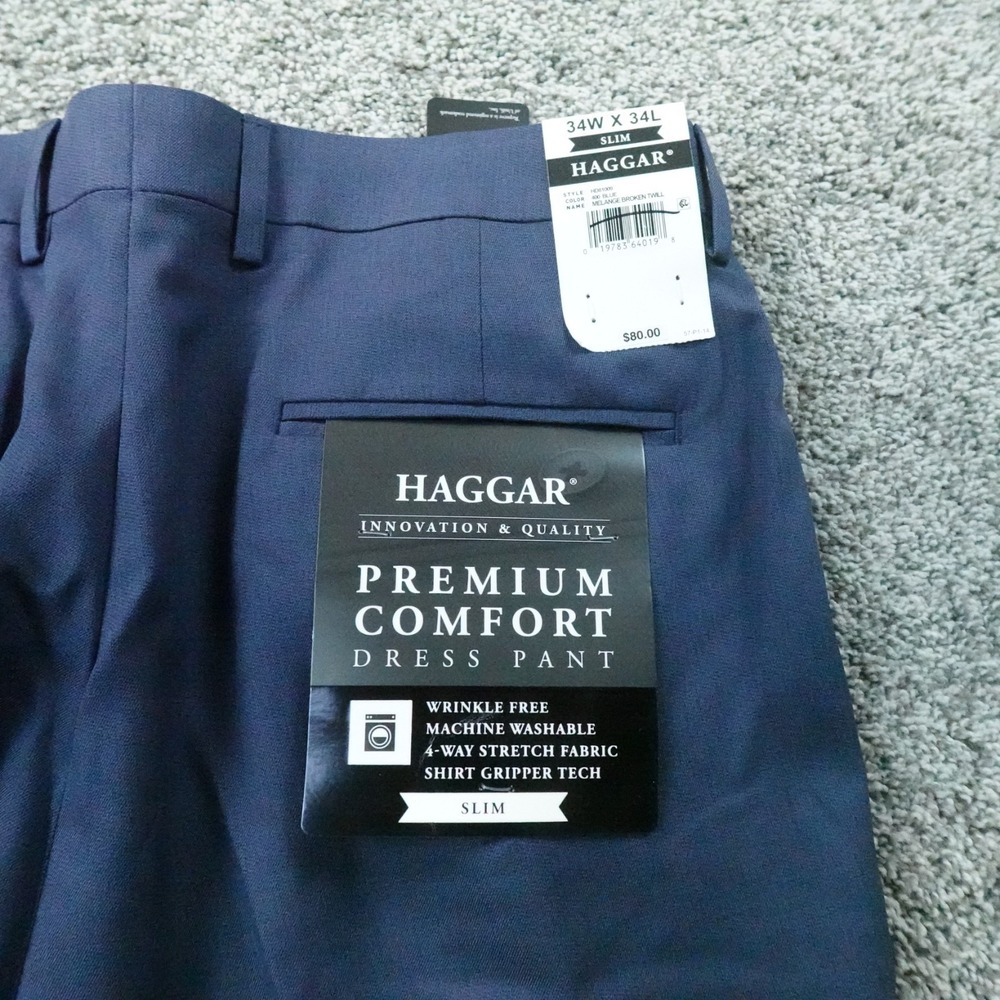 NEW Haggar Pants Mens 34X34 Blue Comfort Dress Chino Trouser Slim Fit Stretch